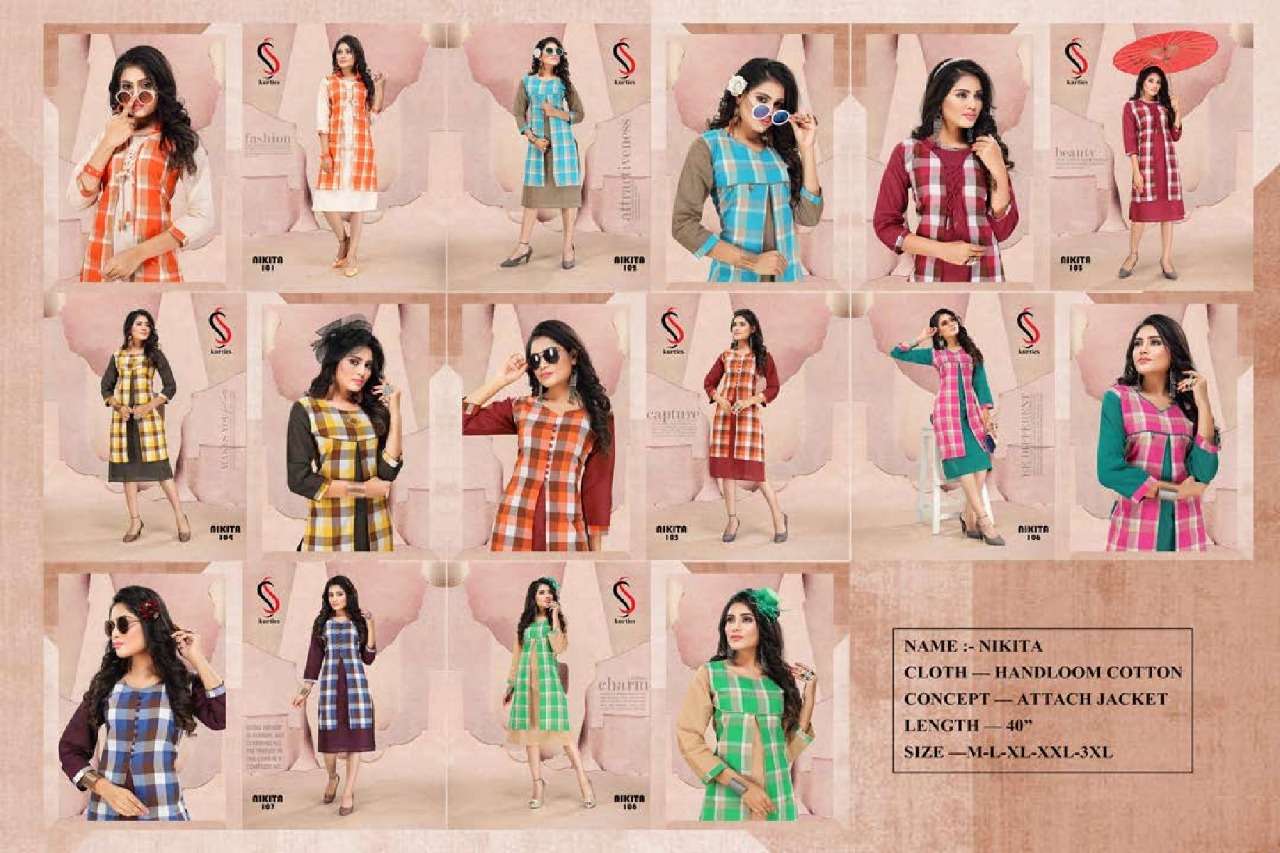 NIKITA BY S S KURTI 101 TO 108 SERIES BEAUTIFUL STYLISH FANCY COLORFUL CASUAL WEAR & ETHNIC WEAR & READY TO WEAR HANDLOOM COTTON KURTIS AT WHOLESALE PRICE